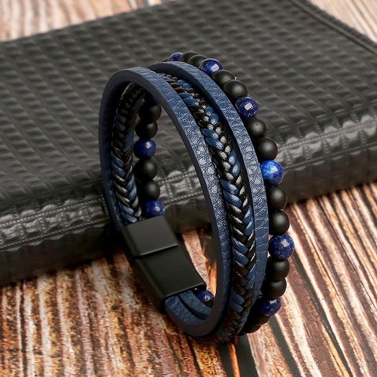 Fako Bijoux® - Leren Armband - Leer - Kralen - Heren - Dames - Set - Magnetische Sluiting - 21cm - Blauw/Zwart