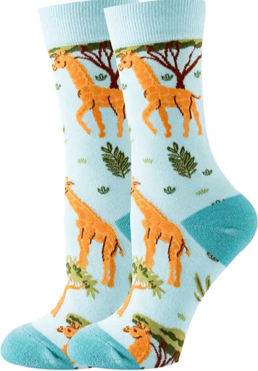 Dames sokken - blauw - print giraffe - leuke sokken - maat 36-40