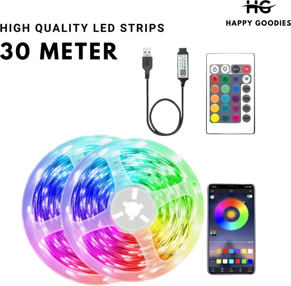 LED strip 30 meter | Met app en afstandsbediening | SMART RGB-IC Technology | Zelfklevend | High Quality