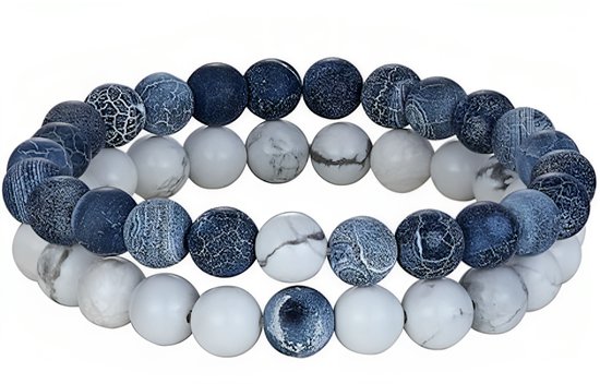 Kralen Armband - Wit / Blauw - Natuursteen - Armbanden Heren Dames - Kralenarmband - Cadeau voor Man - Mannen Cadeautjes