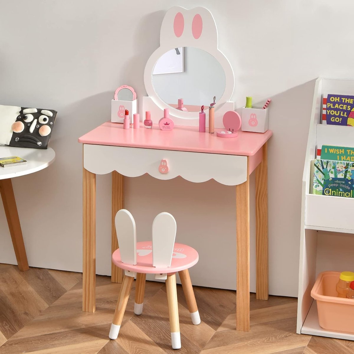 Kinderkaptafel - Met lade en spiegel - Roze & wit