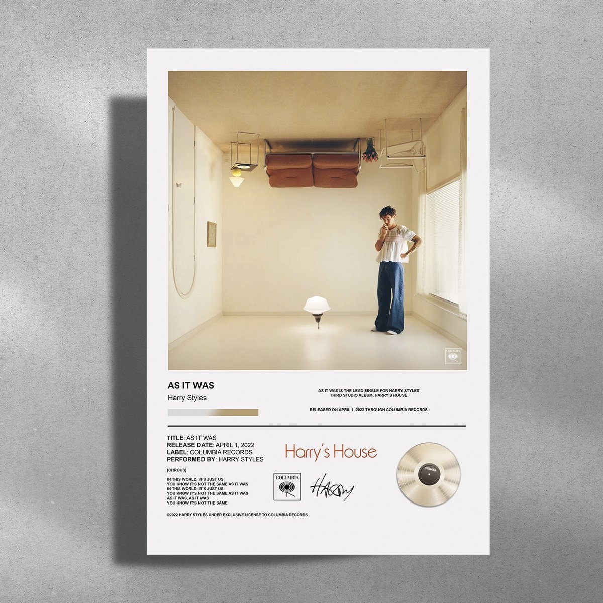 Luxe poster Harry Styles - Metalen Poster 30x40cm - As It Was - Single Wit