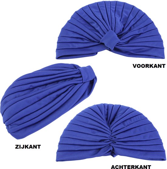 Kente tulband in koningsblauw met plooien en een knoopdetail aan de voorkant.