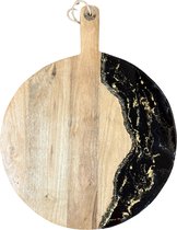 ORGNL Art Design - Planche de service ronde de luxe XL en bois - planche à fromage - planche à boissons avec décoration époxy unique - 57,5 ​​x 44 cm - noir, or et blanc