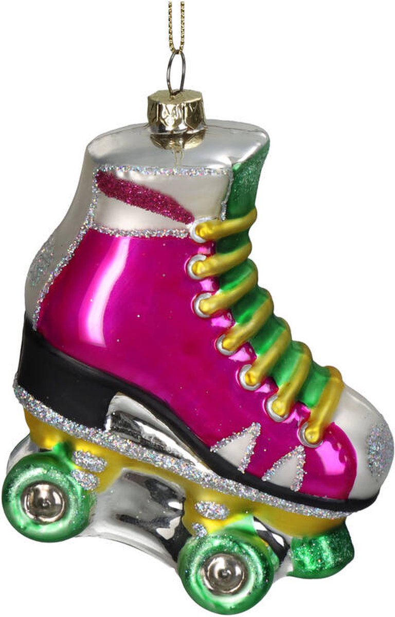 Cactula glazen kerst ornament vintae roller skate rolschaats Roze 9 x 10 cm