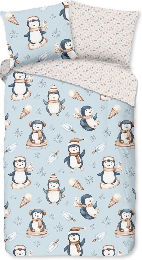 Warme flanel kids dekbedovertrek Dansende Pinguïn - 140x200/220 (eenpersoons) - vrolijk dessin - heerlijk zacht - huidvriendelijk - donsachtig laagje - hoogwaardige kwaliteit - ideaal tegen kou