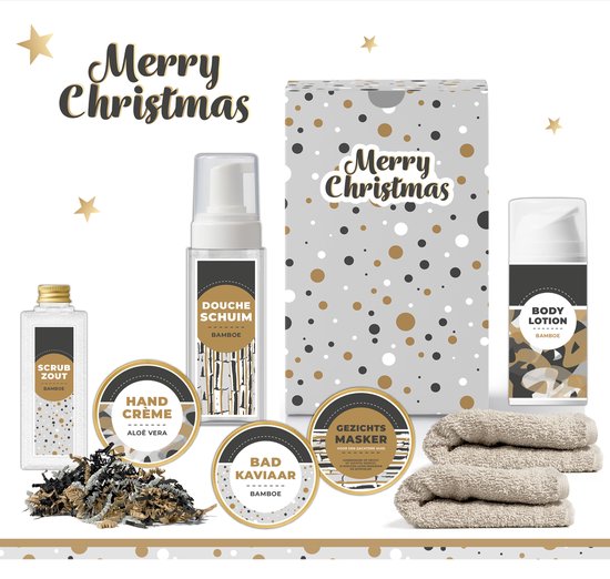 Foto: Geschenkset merry christmas 8 producten 580 gram giftset voor haar luxe cadeaubox wellness set cadeaupakket cadeau vrouw vriendin zus moeder mama kerstpakket kerstcadeau kerst geschenk goud zwart