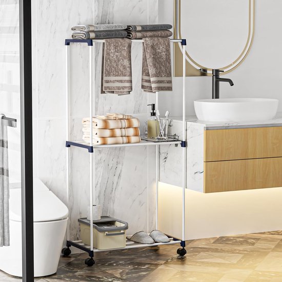 EUGAD 3-laags vrijstaand handdoekrek, ladder handdoekrek met 2 opbergplanken, droogrek, opbergrek met hangers voor badkamer/slaapkamer/hal, zwart metaal houteffect ingelegd spaanplaat EUGAD 3-laags vrijstaand handdoekrek, ladder handdoekrek met 2 opbergplanken, droogrek, opbergrek met hangers voor badkamer/slaapkamer/hal, zwart metaal houteffect ingelegd spaanplaat