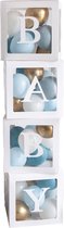 Vier doorzichtige letter ballon blokken Baby wit met 24 blauwe, gouden en witte ballonnen - ballonbox - ballon blok - babyshower - genderreveal
