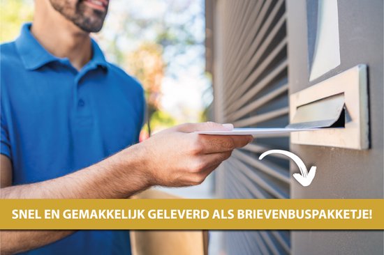 Man met blauw shirt geeft brief door gleuf brievenbus. Tekst: "SNEL EN GEMAKKELIJK GELEVERD ALS BRIEFBUSPAKKETJE!"