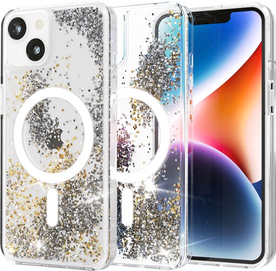 Hoesje geschikt voor iPhone 14 Hoes Transparant - Met Bewegende Glitters - Magsafe