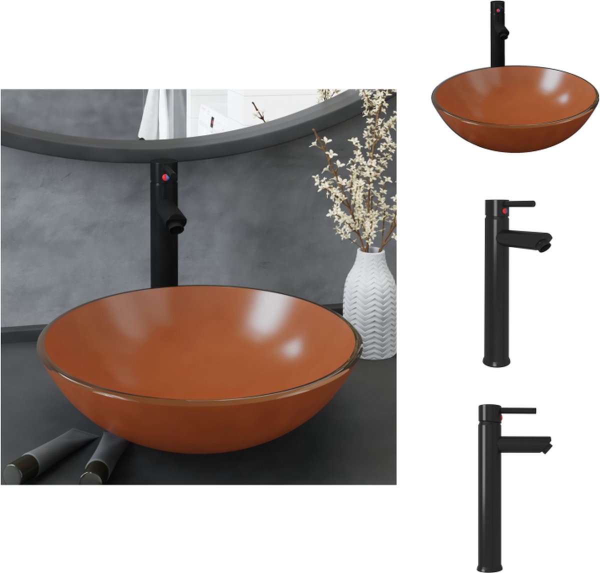 VidaXL Badkamer Wastafel Bruin Zwart Gehard Glas 42x14cm Kraan en Pop-up Afvoer Duurzaam Wastafel