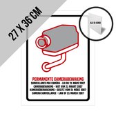 Pictogram/ bord alu di-bond | "Permanente camerabewaking" Wetgeving maart 2007 | 27 x 36 cm | 4 talen | NL/ FR/ ENG/ DE | Wettelijk verplicht | CCTV | Roestvrij | Dikte: 3 mm | Nederlands | Engels | Frans | Duits | 1 stuk