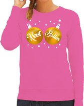 Bellatio Decorations Foute kersttrui/sweater dames - kerstballen - roze - gouden ballen - kerst bal L