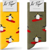 Mr Pingoo 2 Paires de Chaussettes pour Hommes et Femmes - Chaussettes Drôles Unisexe - Chaussettes Pingouin Heureux - Jaune - Vert - Taille 41-46