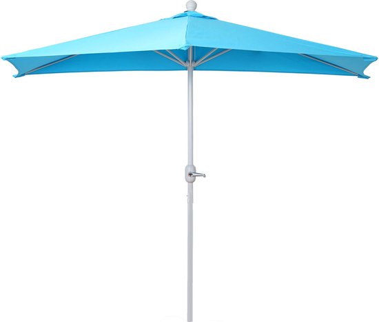 Turquoise halfronde parasol met witte stok en basis. UV 50+ polyester.