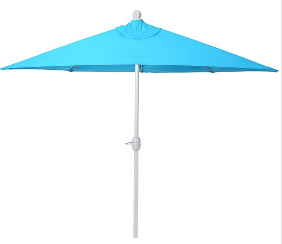 Turquoise halfronde parasol op witte stok. UV 50+ polyester.