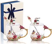 vlinder bloem glazen koffiemok met lepels en deksels, pak van 2 sets met geschenkdoos voor vrouw, moeder, grootmoeder, vriendin, zussen, Kerstmis, verjaardag (rood)