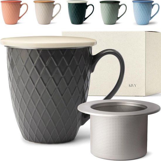 DISDADA Theekop met deksel en zeef Keramische theebek met zeef en houten handgreep voor cadeaus, Blauw