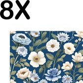 BWK Textiele Placemat - Blauw - Wit - Bloemen Patroon - Set van 8 Placemats - 40x30 cm - Polyester Stof - Afneembaar