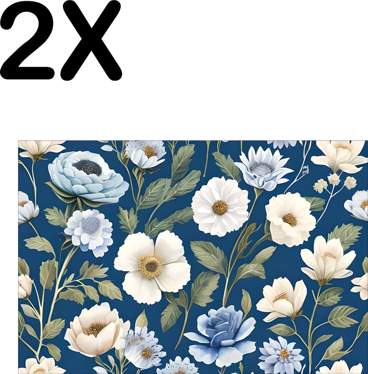BWK Textiele Placemat - Blauw - Wit - Bloemen Patroon - Set van 2 Placemats - 45x30 cm - Polyester Stof - Afneembaar