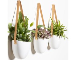 foto van Gadgy Plantenhanger Keramiek - Set van 3 - Hangpot van Wit Steen - Hangende Bloempot Plantenpot - met 3 verschillende Koorden - 12x11x9.5CM