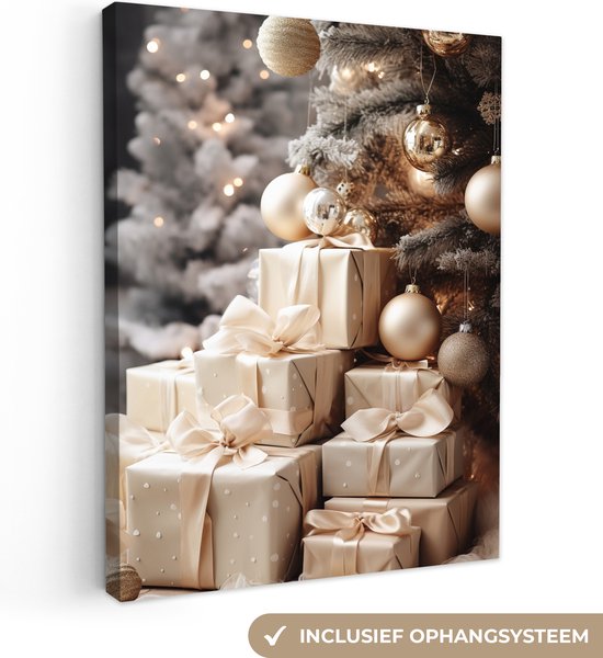 Canvas schilderij 60x80 cm - Kerstboom goud - Kerst decoratie - Kamer accessoires - Schilderijen woonkamer - Wanddecoratie slaapkamer - Muurdecoratie keuken - Wanddoek interieur binnen - Woondecoratie huis