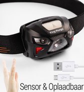 Zwarte King Mungo hoofdlamp met sensor en USB-oplaadmogelijkheid. Inclusief USB- en micro-USB-kabel.