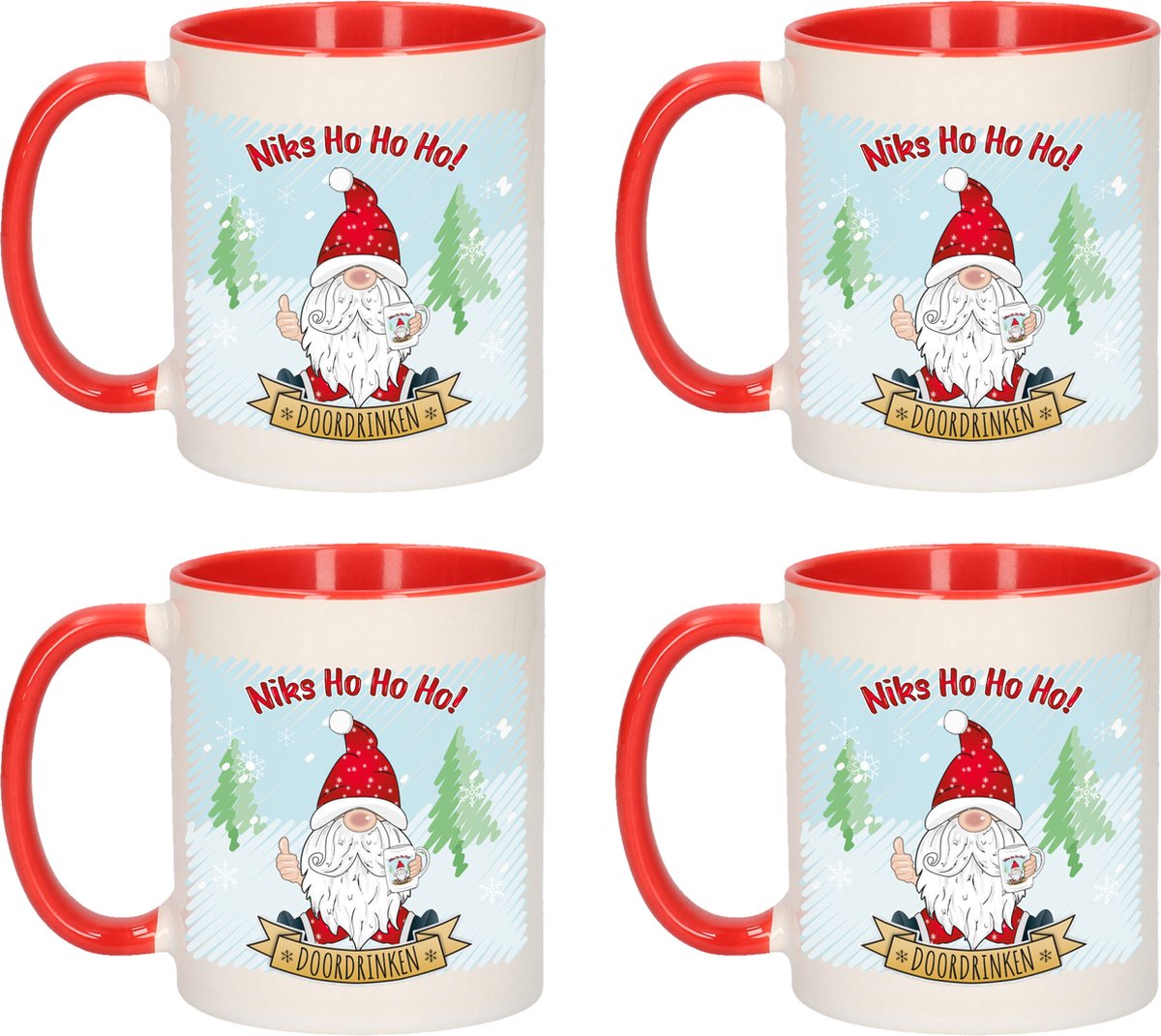 Bellatio Decorations Kerst cadeau koffiemok - 4x - kerstman - rood - 300 ml - keramiek