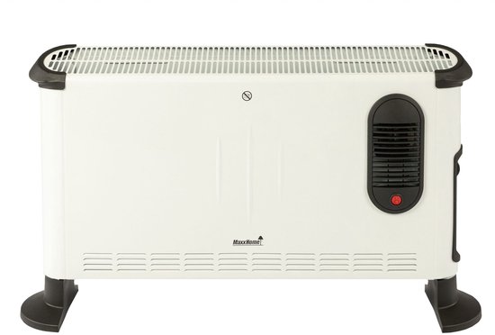 Witte elektrische convector verwarming met zwarte accenten.