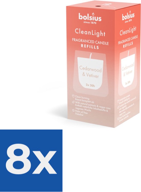 Bolsius Clean Light Geurnavulling 20u Cedarwood & Vetiver doosje a 2 stuks - Voordeelverpakking 8 stuks