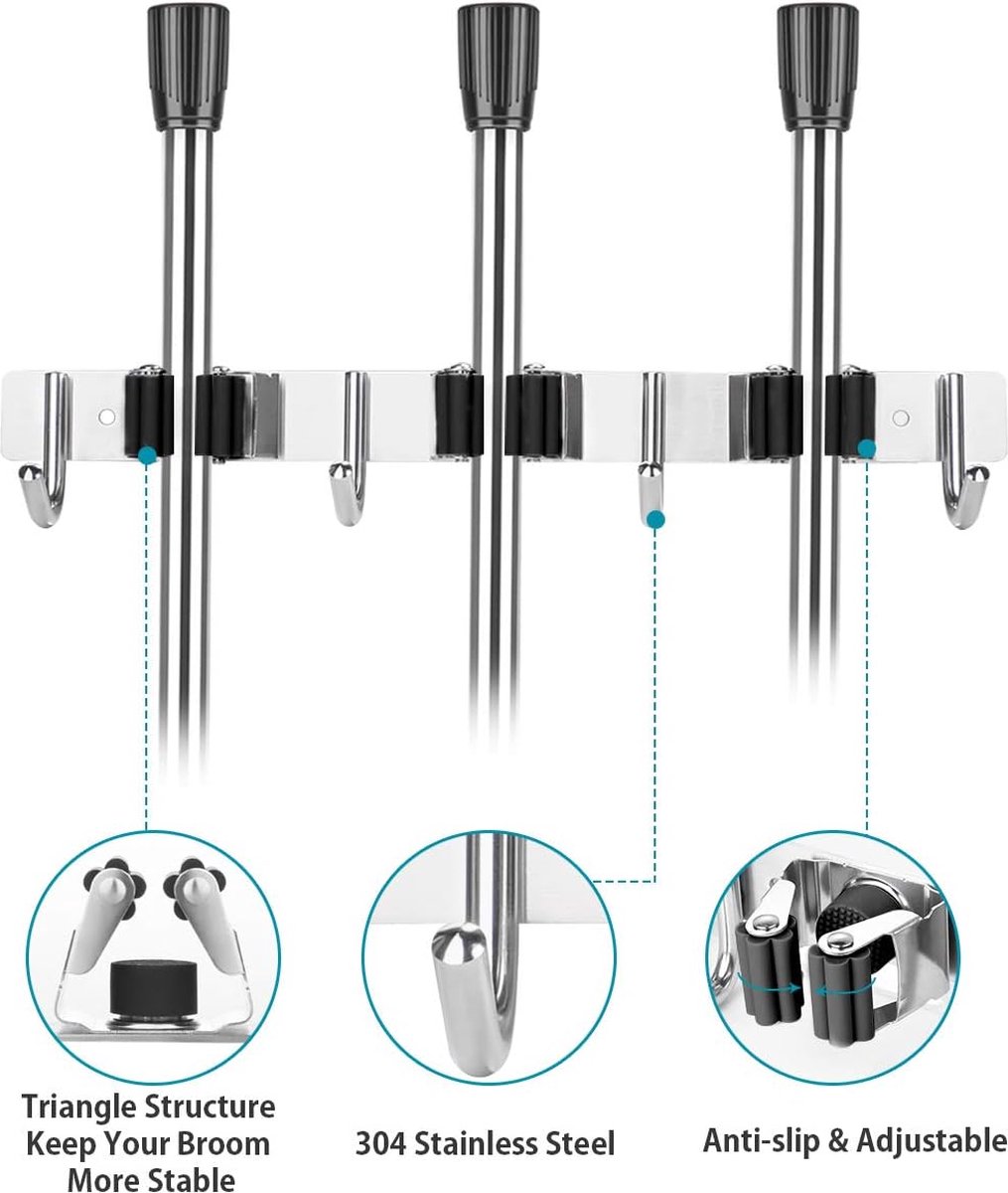 Roestvrijstalen bezemhouder voor aan de muur met 3 sleuven en 4 haken gereedschapshouder wandhouder voor keuken badkamer garage en tuin zwart
