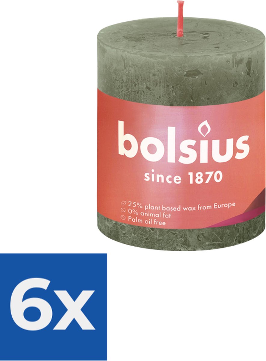 Bolsius Stompkaars Fresh Olive Ø68 mm Hoogte 8 cm Olijfgroen 35 branduren Voordeelverpakking 6 stuks