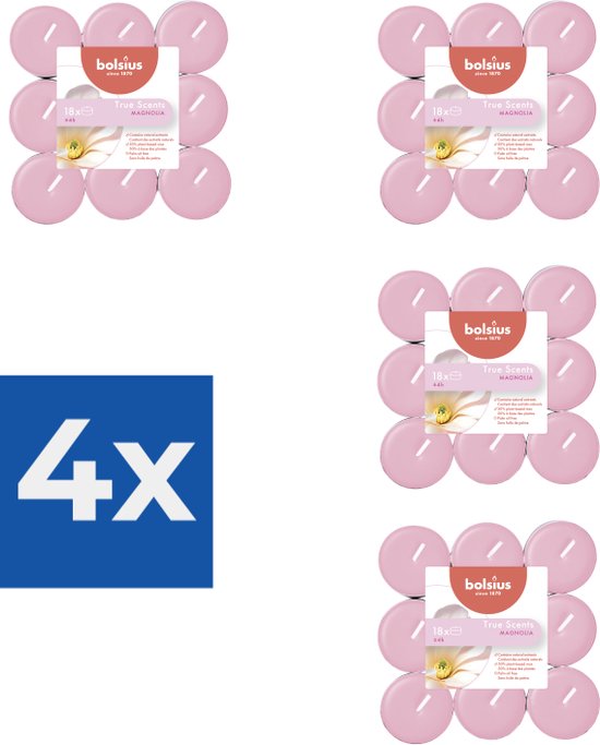 Bolsius - Geurtheelichtjes 'True Scent' - 18 stuks- 4 branduren per theelichtje- magnolia - Voordeelverpakking 4 stuks
