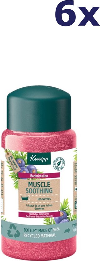 Kneipp badkristallen, spierontspannend, jeneverbes. Rode kristallen in doorzichtige fles met groene dop. Meervoudige verpakking van 6 stuks.