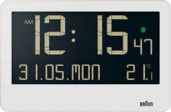 Braun BC14W - Horloge murale - Horloge de table - Numérique - LCD - Fonction calendrier et température - Alarme sonore • 12/24H - Pied rabattable - Fonction réveil - Snooze - Wit