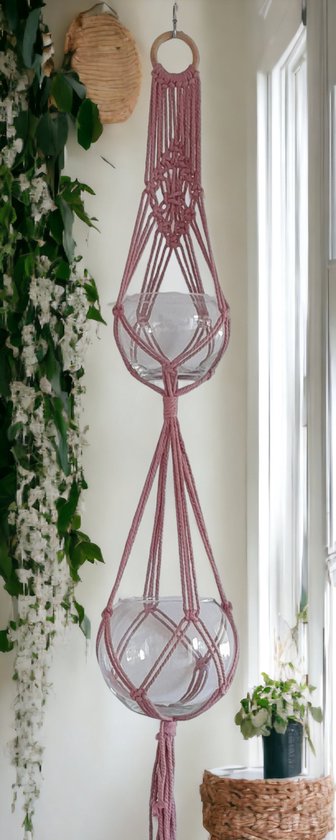 Macrame Pakket, DIY Plantenhanger voor 2 potten, Oud Roze, 125cm, incl. instructiefilm, Verjaardags cadeau- Moederdag