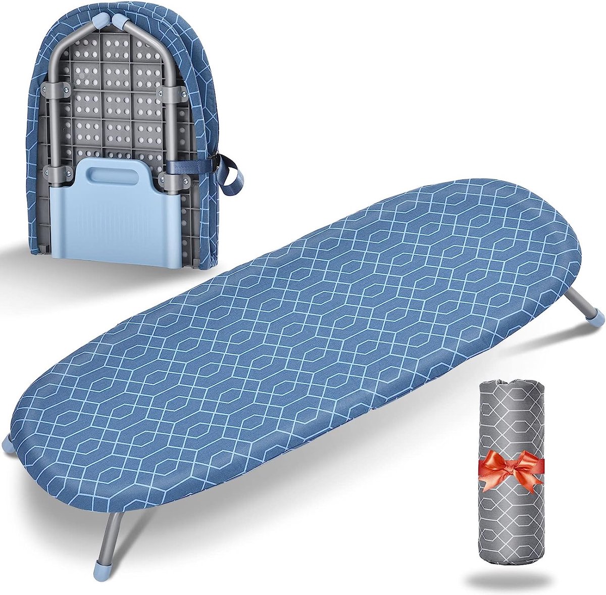Opvouwbare tafel-strijkplank, klein, met 2 hittebestendige strijkafdekkingen, draagbare strijkplankovertrekken met antislip voetjes voor thuisgebruik, 31 x 82 cm, blauw en grijs