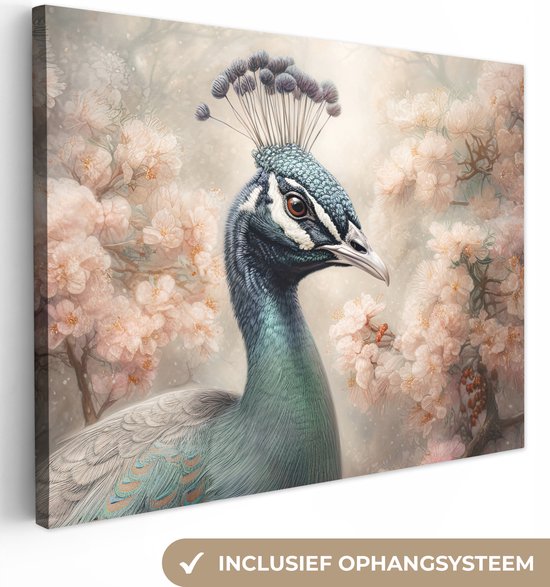 Tableau sur toile Paon - Vogels - Fleurs - Arbre - Botanique - 40x30 cm - Décoration murale