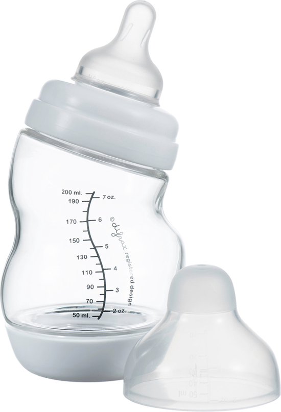 Difrax Glazen Babyfles 200 ml Wide - S-fles - Anti-Colic - Wit - 1 stuk