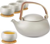 theepot met zeef, 800 ml houten handvat mat Japans theeservies keramiek met 4 kopjes en rotan onderzetter voor losse thee cadeau / grijs