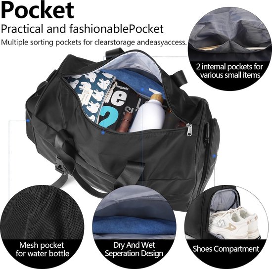 Sac de fitness pour hommes, noir, sac de sport, sac de sport, sac de sport avec compartiment à chaussures et compartiment humide, sac d'entraînement de fitness pour hommes et femmes, salle de sport/voyage/natation, 35 litres, noir