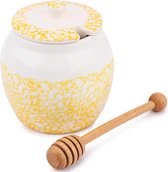 Pots à miel Pot à miel en céramique 450 ml (15,5 oz) avec cuillère en bois et couvercle pour la cuisine domestique, miel et sirop, récipient à miel en porcelaine pour le stockage (jaune)