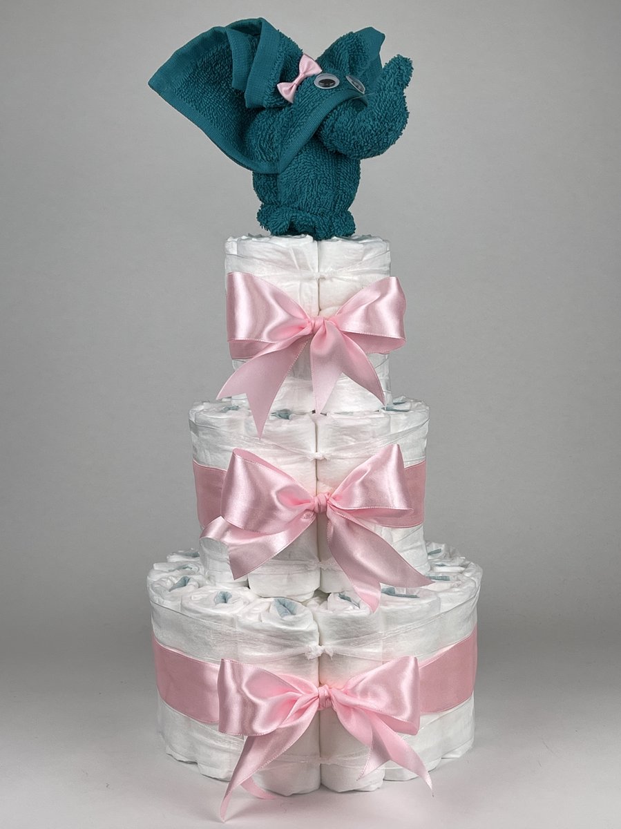 Chouette-Chouette | Luiertaart Meisje | Kraamcadeau | Geboorte Meisje | Babyshower | Olifant Lake groen - Roze