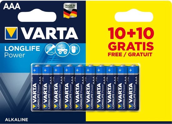 Varta AAA Longlife Power alkaline batterijen, verpakking van 20 stuks (10+10 gratis), met "Made in Germany" vlag.