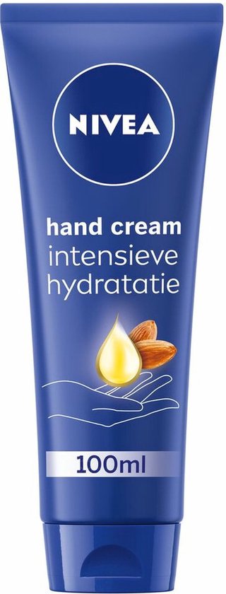 Nivea handcrème intensieve hydratatie in een blauwe tube met amandelen en druppel.