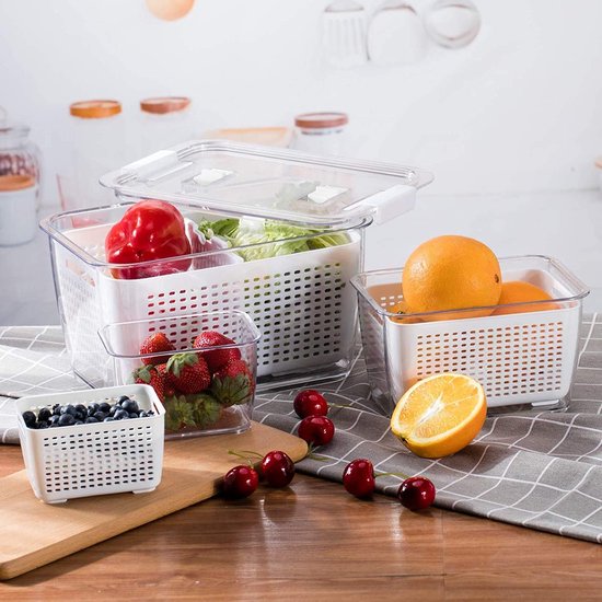 GUWINA Set van 5 Vers Voedsel Opslag Containers voor Koelkast,Vershoudbakjes voor Groente en Fruit met Deksel en Afvoermanden,BPA-Vrije Voorraadbakjes