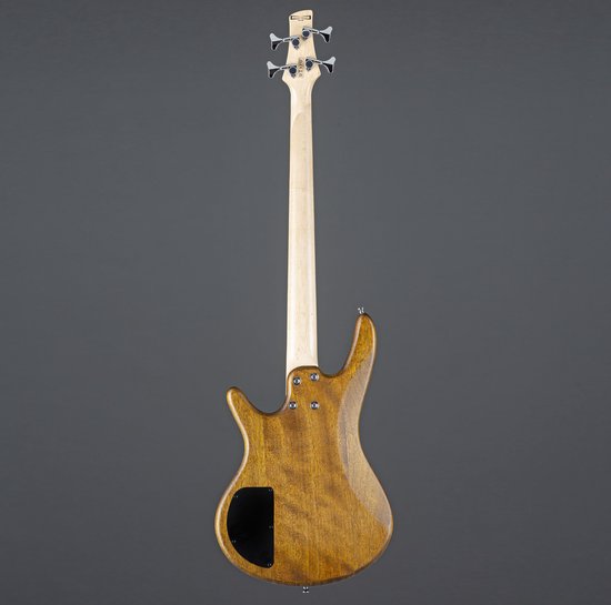 Achterkant van een bruine elektrische basgitaar met een lichte houtnerf en zwarte afdekplaat.