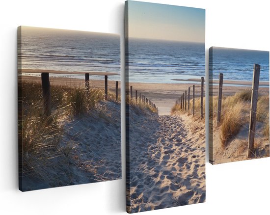 Artaza Canvas Schilderij Drieluik Voetpad in de Duinen met Strand en Zee - 180x120 cm - Groot - Wanddecoratie Woonkamer - Schilderijen - Muurdecoratie