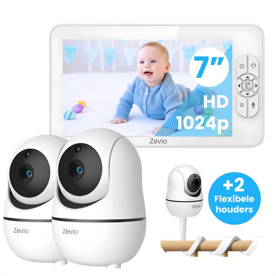 Zevio XL Elite Babyfoon met 2 Camera's en Groot 7 Inch HD Baby Monitor - met Slimme Functies - Uitbreidbaar - Baby Camera - Inclusief Flexibele Houders